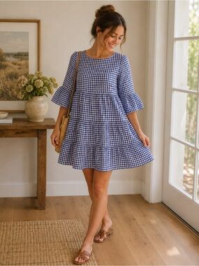 Zara Blue Gingham BabyDoll Plaid Tiered Women’s Sz XS Flutter Bell Sleeve Dress